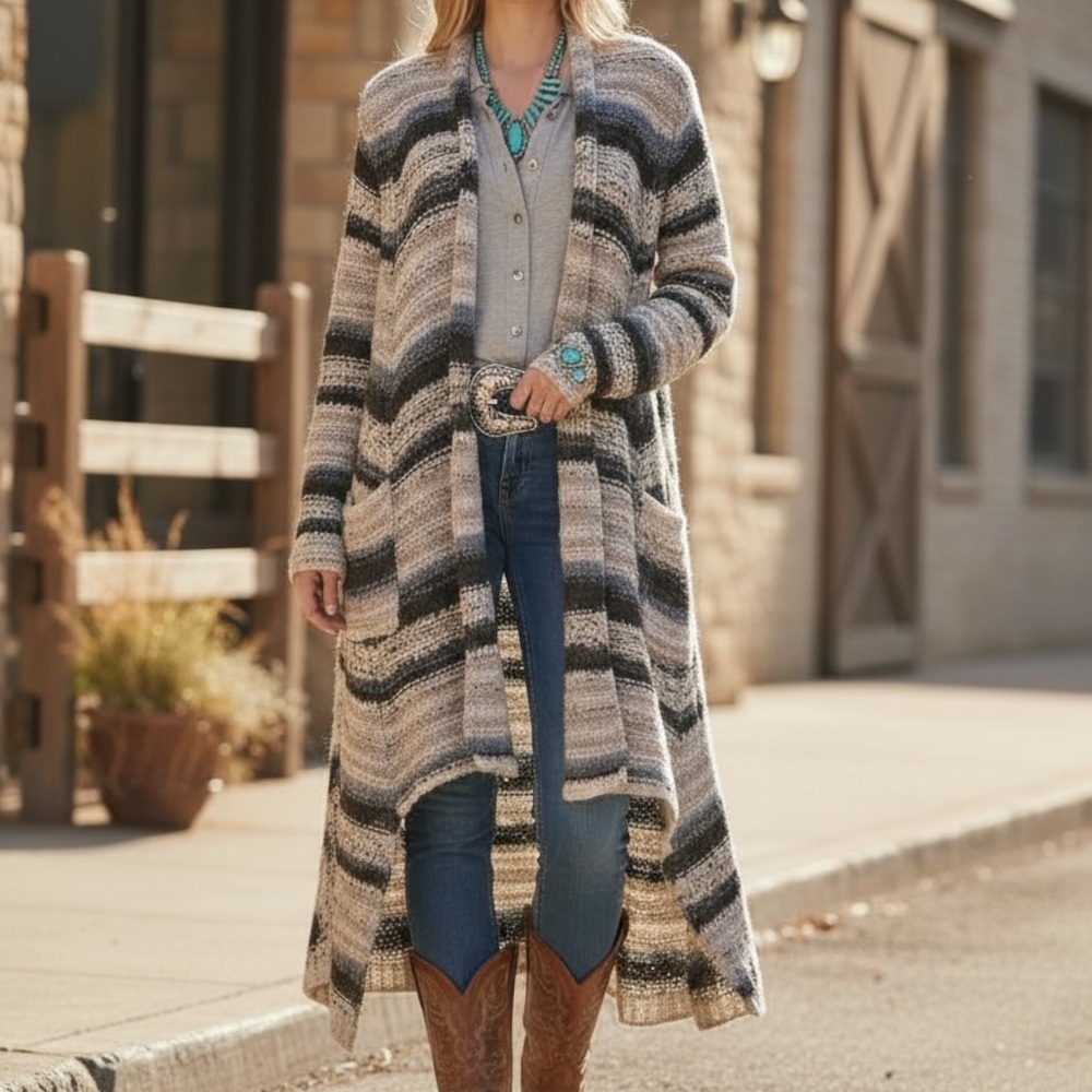 Oversized Cozy Wool Blend Floor Length Striped Duster Cardigan SZ L Multicolor